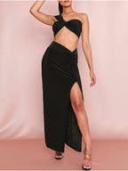 Temperament Elastic Tube Top Irregular Top + Twisted Slit High Waist Skirt Suit Y aclosy