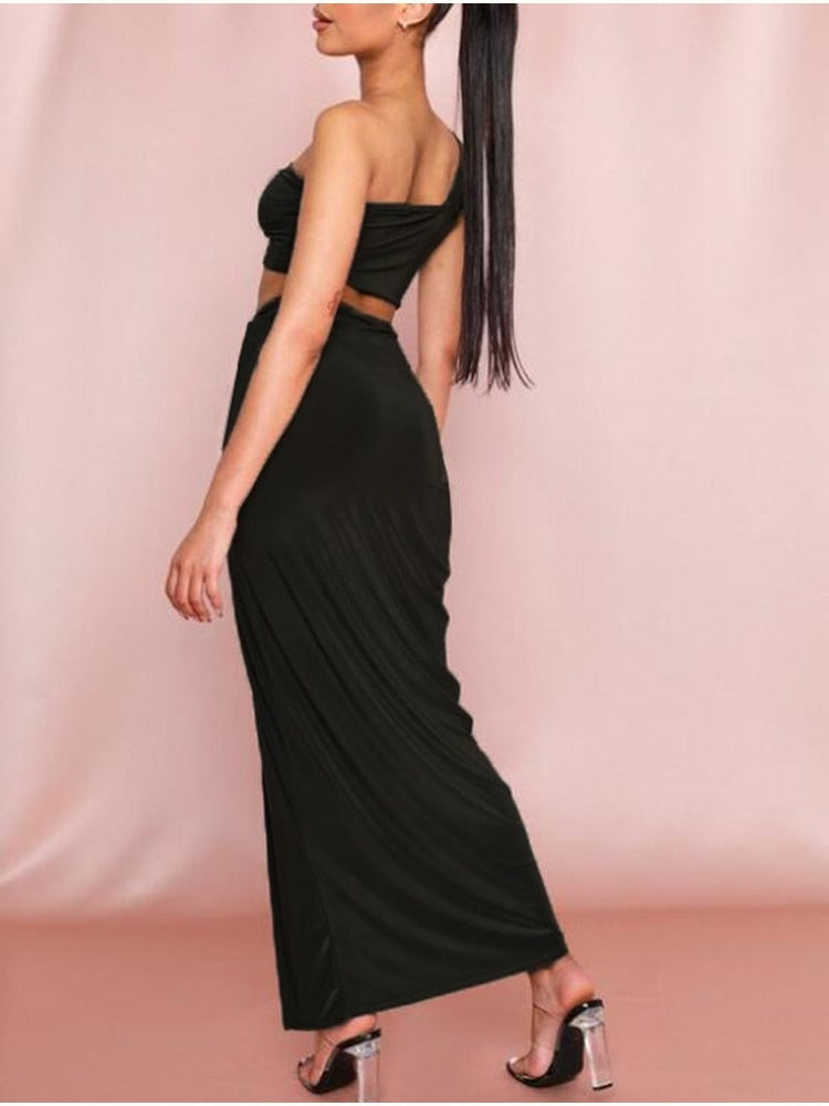 Temperament Elastic Tube Top Irregular Top + Twisted Slit High Waist Skirt Suit Y aclosy