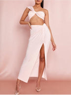 Temperament Elastic Tube Top Irregular Top + Twisted Slit High Waist Skirt Suit Y aclosy