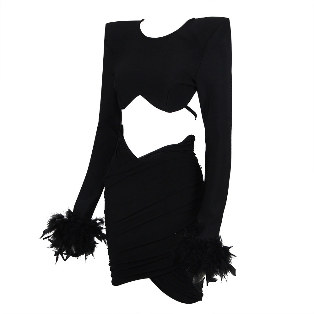 Women's Open-back Feather Long-sleeved Dress Aclosy