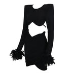 Women's Open-back Feather Long-sleeved Dress Aclosy