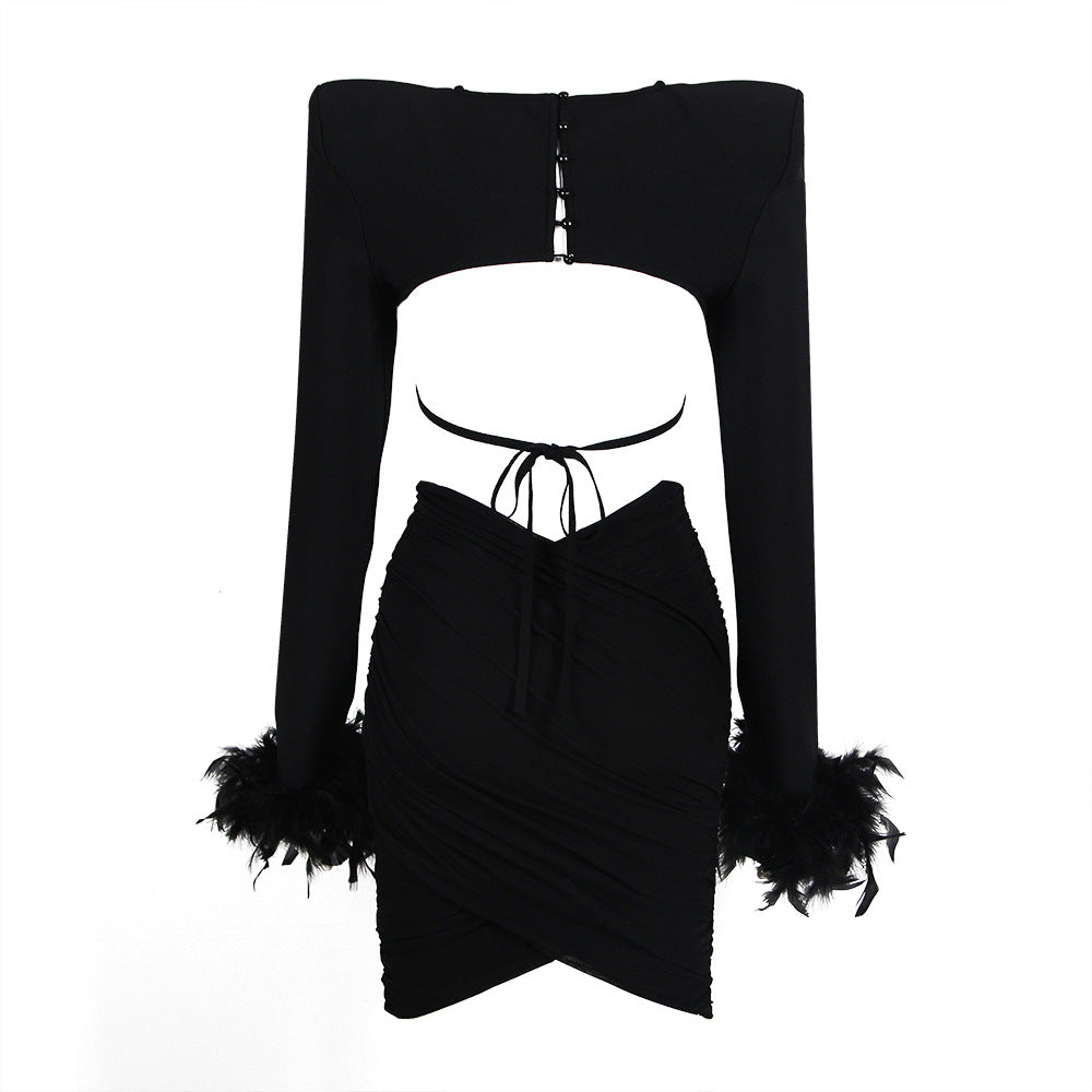 Women's Open-back Feather Long-sleeved Dress Aclosy