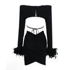 Women's Open-back Feather Long-sleeved Dress Aclosy