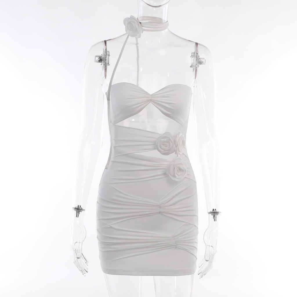 Hot Girl Slim-fit Pure Style Slim Fit Skirt Three-dimensional Flower Cutout Tube Top Dress aclosy