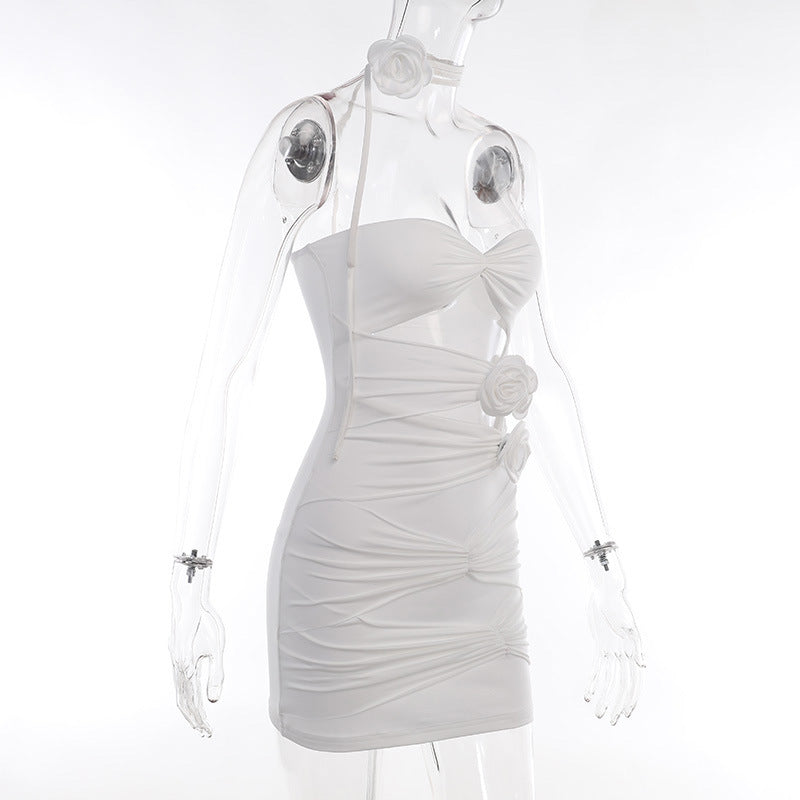 Hot Girl Slim-fit Pure Style Slim Fit Skirt Three-dimensional Flower Cutout Tube Top Dress aclosy