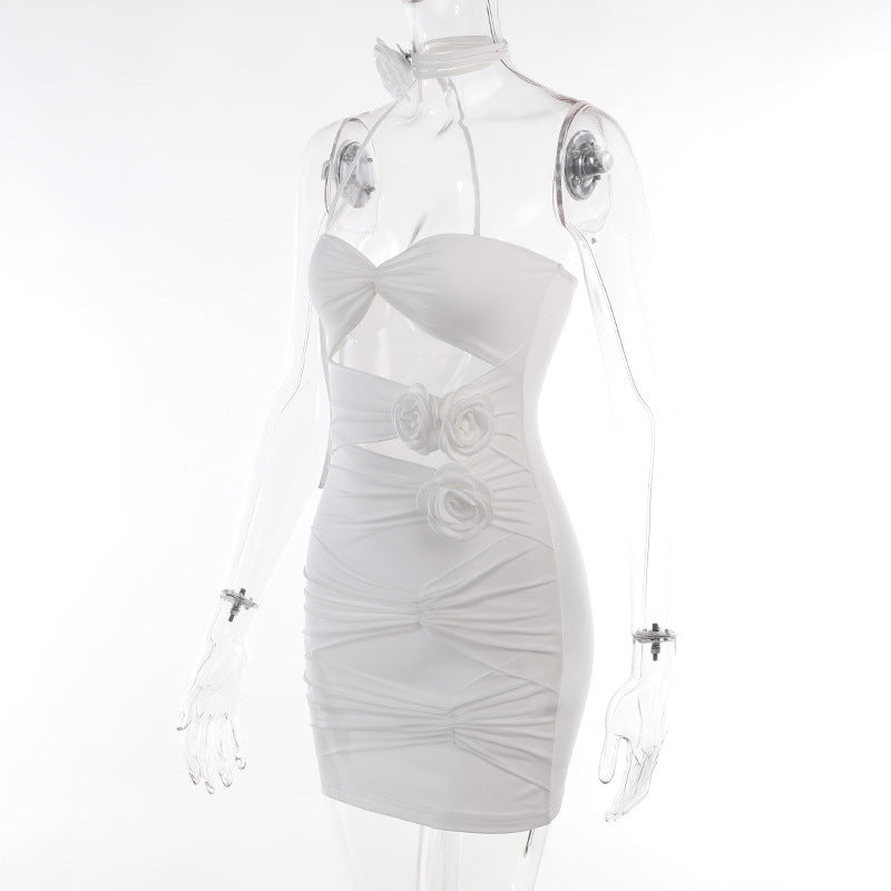 Hot Girl Slim-fit Pure Style Slim Fit Skirt Three-dimensional Flower Cutout Tube Top Dress aclosy