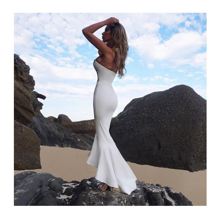 2021 new sexy tube top halter waist slimming one step fishtail white dress evening dress show car model Aclosy