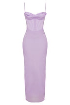 Pile Collar Satin Fishbone Pleated Suspender Long Dress aclosy