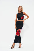 Sleeveless Printed Hip Slit Skirt Set aclosy