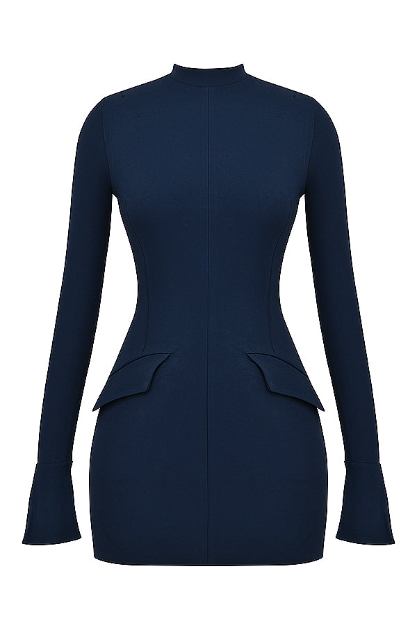 Fashion Long Sleeve Dress With Two Pockets Slim Bodycon Hip Short Dress For Women Aclosy