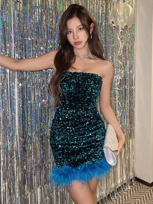 Women's Strapless Sequin Feather Buttocks Dress Aclosy