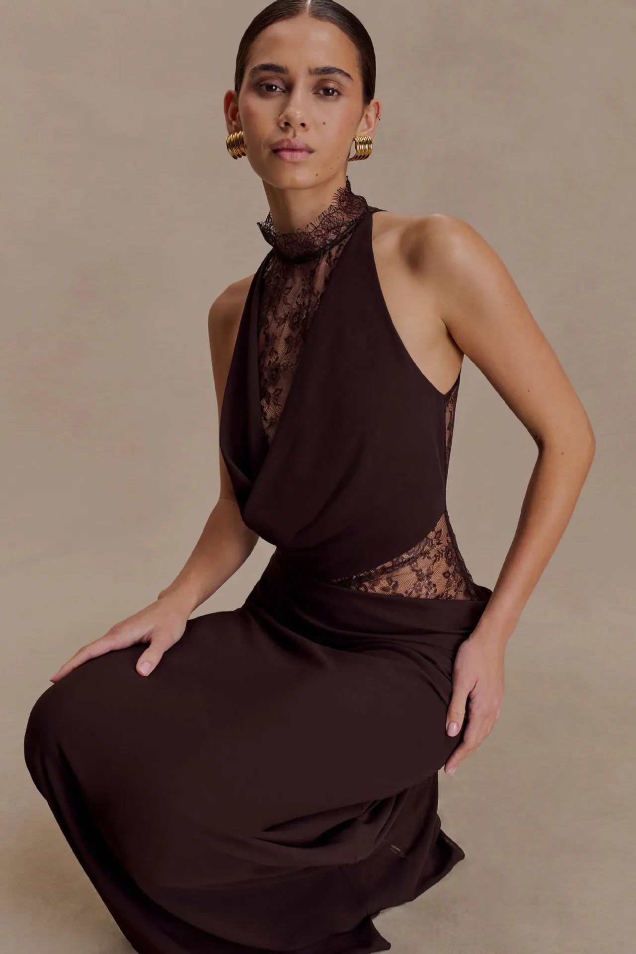 SAVANNAH TERRACOTTA HALTER LACE BODYCON MAXI DRESS