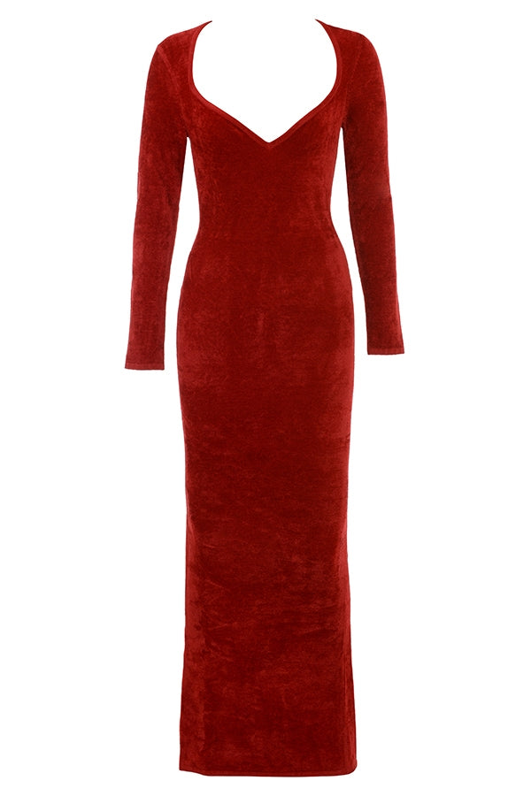 Red Plush Long-sleeved Slim Evening Dress