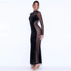 Velvet Mesh Splicing Long-sleeved Dress aclosy