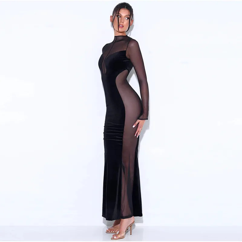 Velvet Mesh Splicing Long-sleeved Dress aclosy