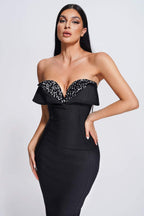 Women's Sequined Low Cut Strapless Black Bandage One-piece Dress Aclosy