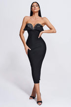 Women's Sequined Low Cut Strapless Black Bandage One-piece Dress Aclosy