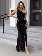 One shoulder Elika Sequins Slit Dress