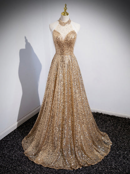 Golden Evening Dress Female Host Performance Dress Aclosy