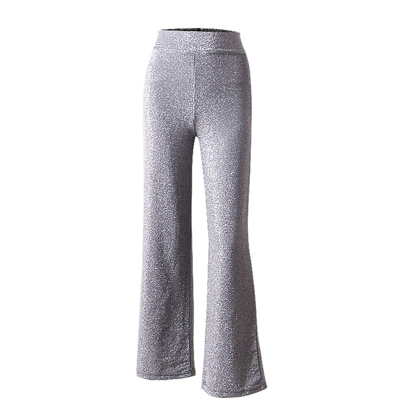 High waist silver light wide leg casual trousers aclosy