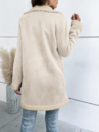 Long Sleeve Lapel Suede Elegant Woolen Coat aclosy