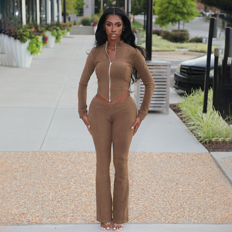 High Waist Bootcut Pants Leisure Sports Two-piece Set aclosy