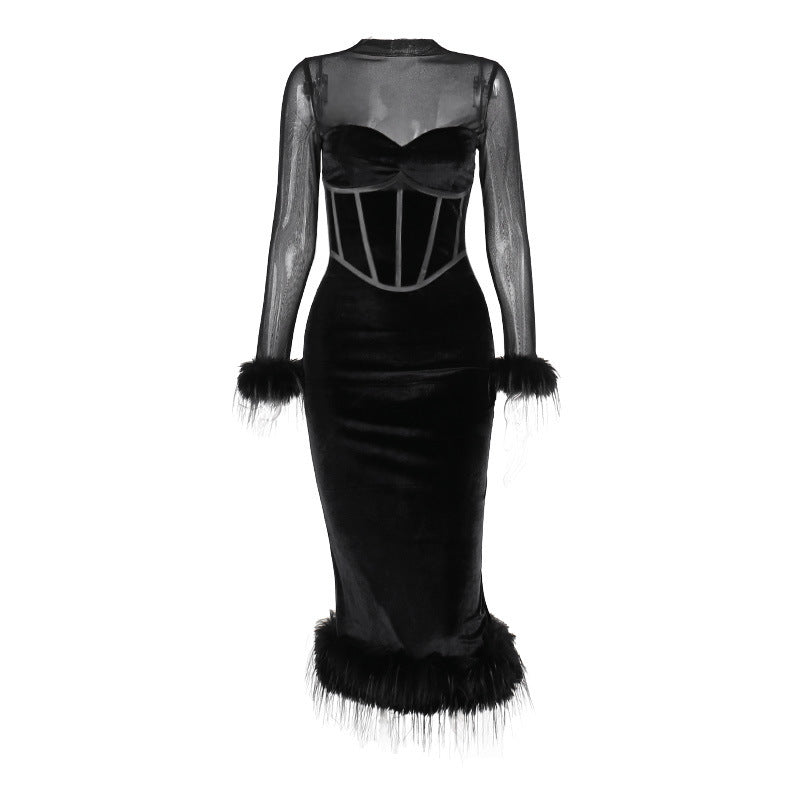 Elegant Feather Mesh Corset Black Dress aclosy