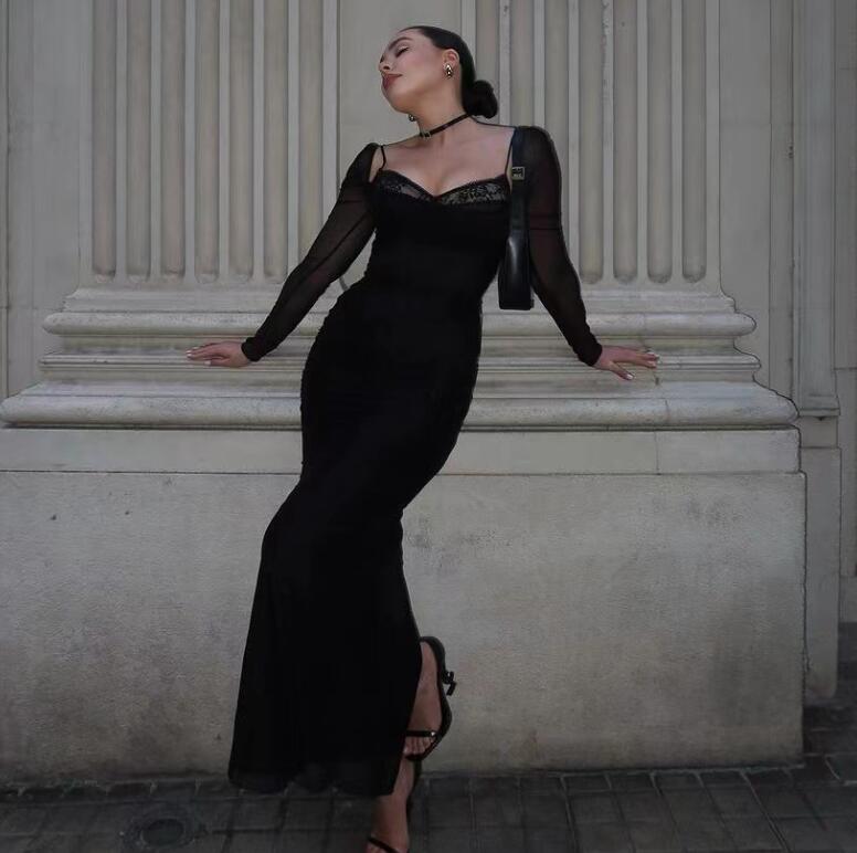 Mesh Stitching Lace Mid-length Dress-Black Aclosy Mesh Stitching Lace Mid-length Dress-Black Aclosy