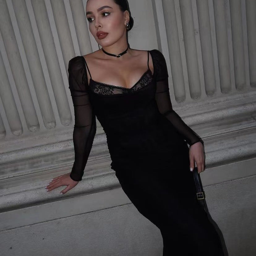 Mesh Stitching Lace Mid-length Dress Aclosy