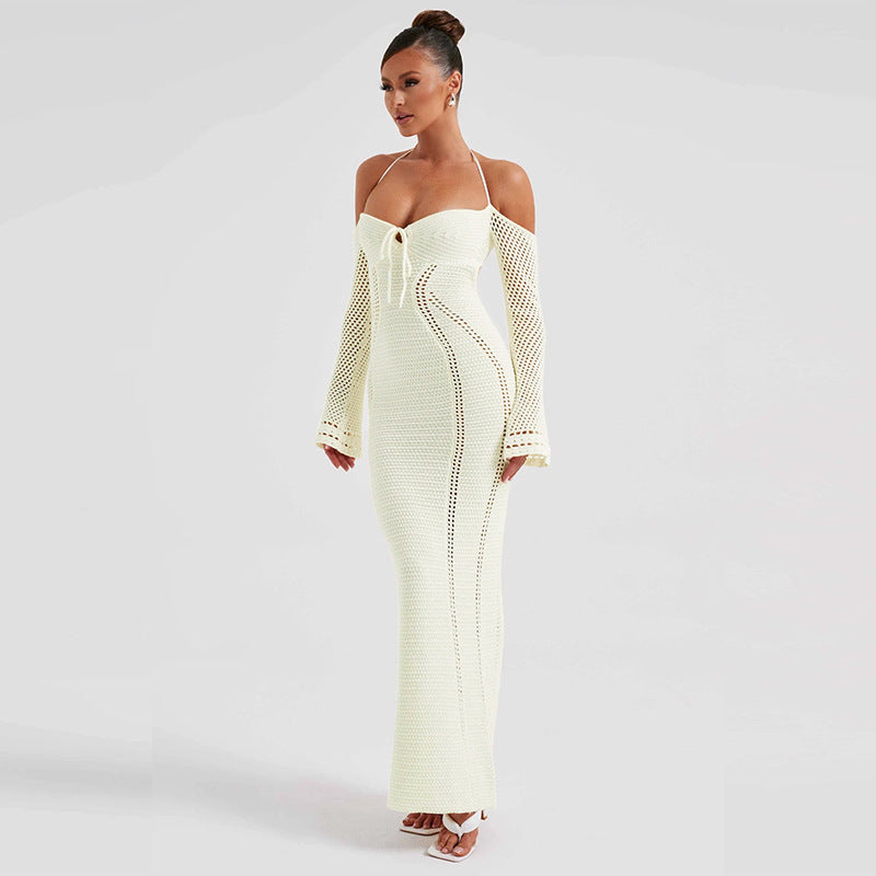 Back Lace Up Slim Fit Hollow Long Sleeve Dress Aclosy