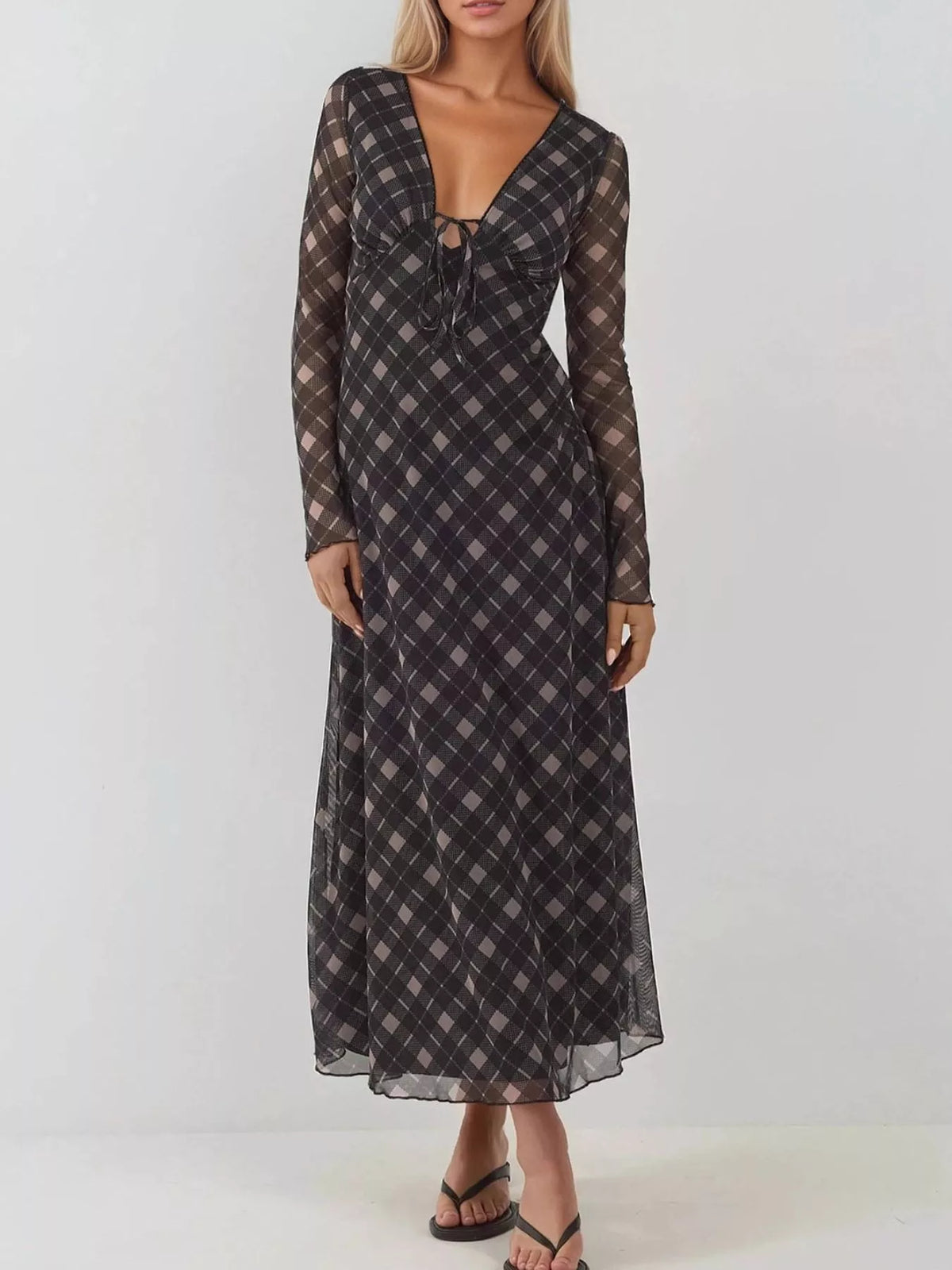 Tie Front Plaid Long Sleeve Dress