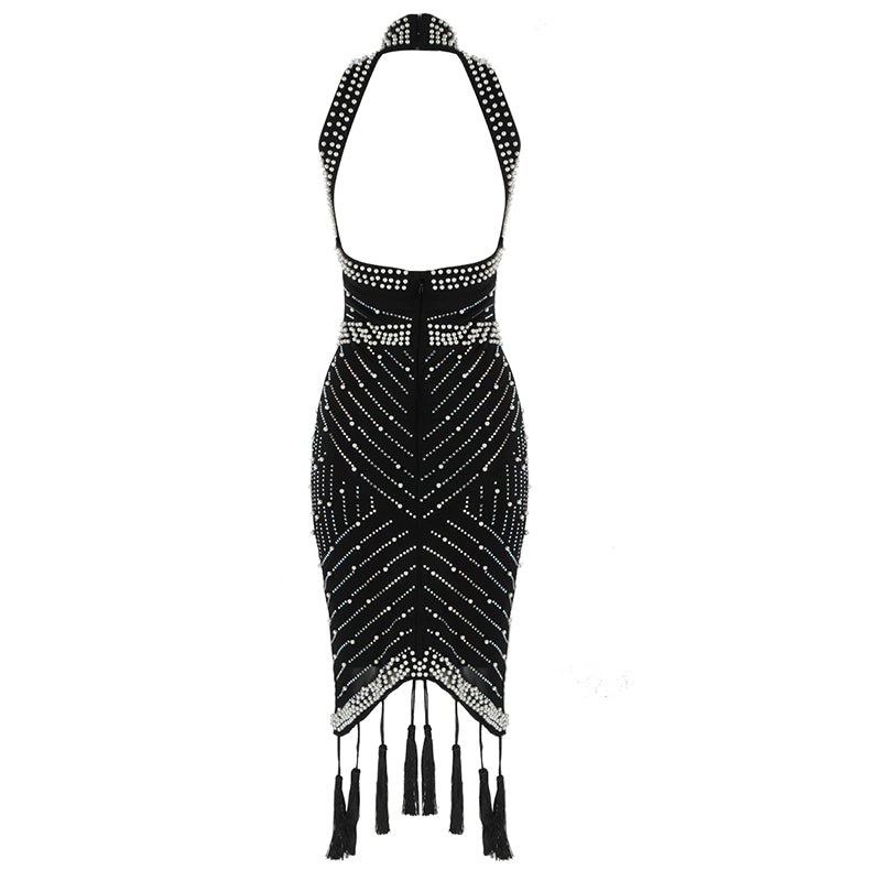 High neck sleeveless beaded fringe skirt aclosy