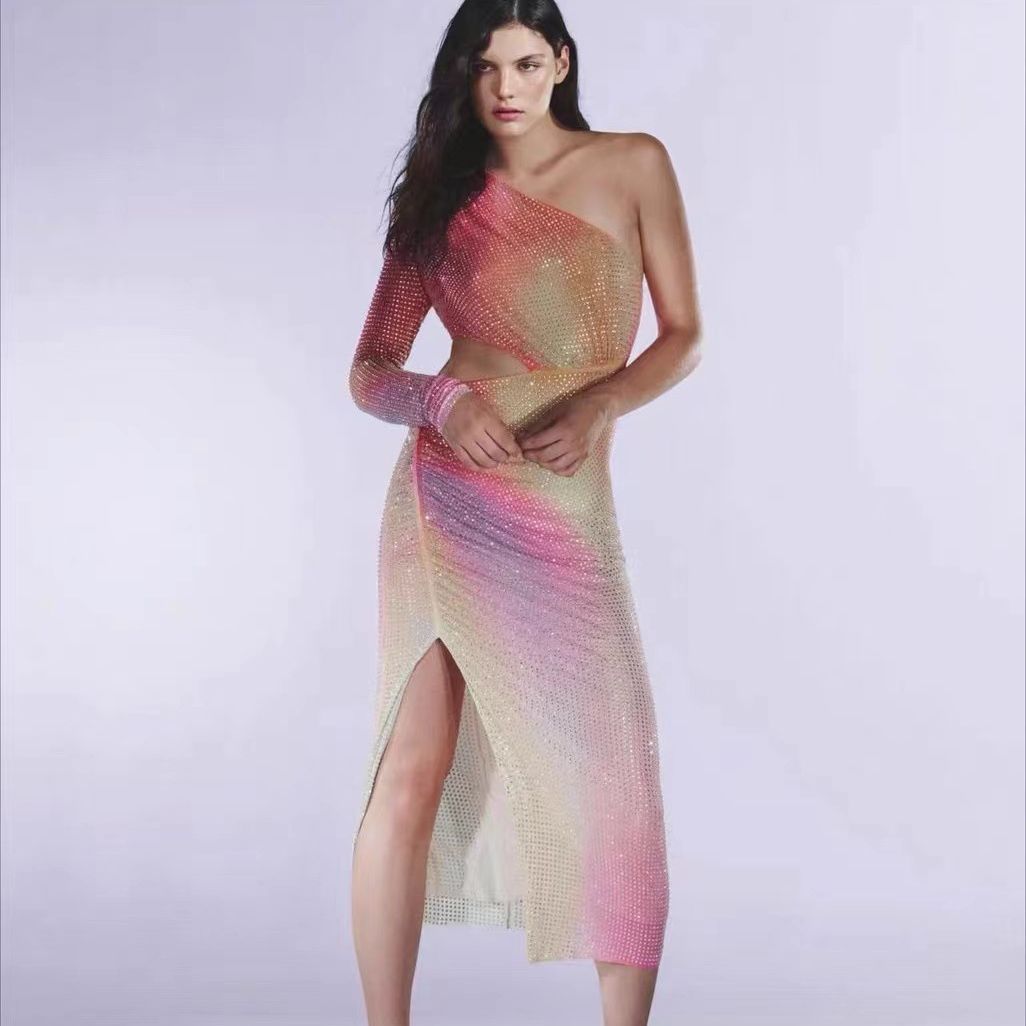 Ahusha Diagonal Shoulder Slit Metallic Dress