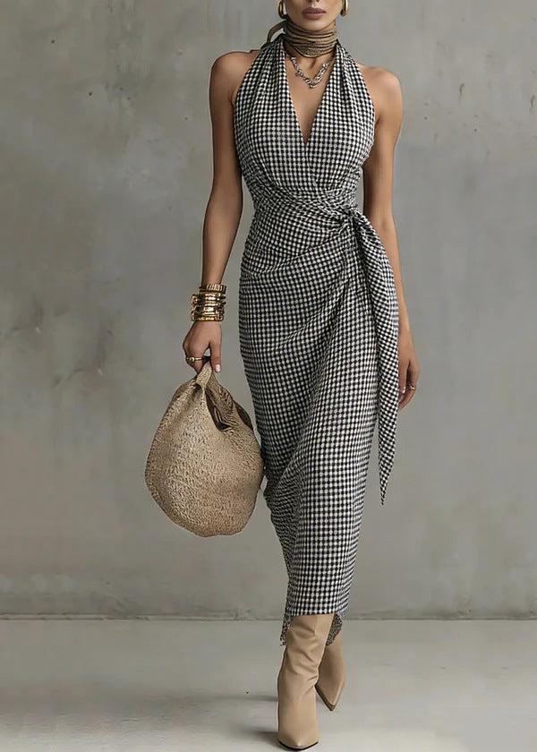 Alena Halter Neck Gingham Wrap Maxi Dress