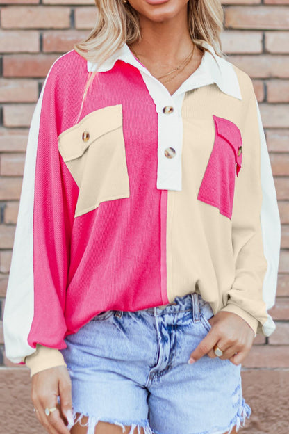 Color Block Collared Neck Long Sleeve Sweatshirt Trendsi