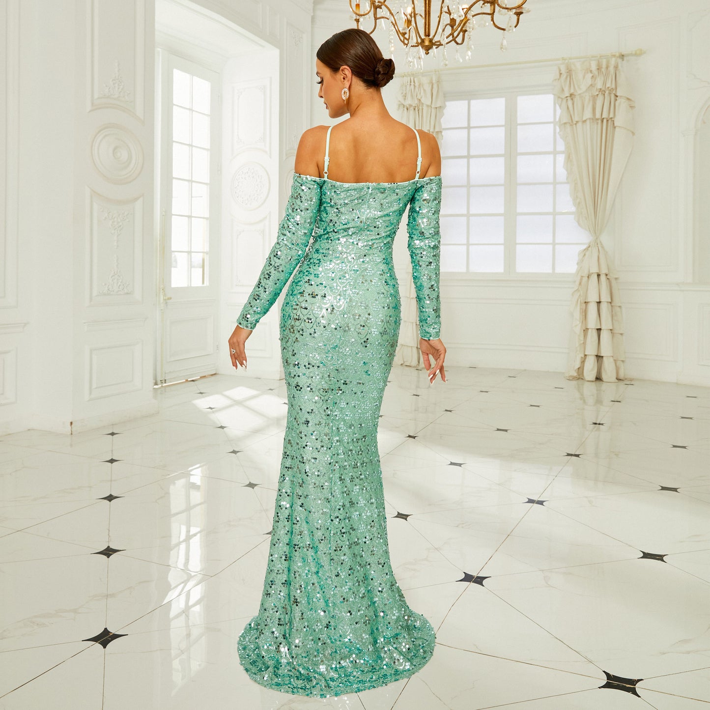 Long Sleeve Off-the-shoulder Banquet Sequined Sheath Fishtail Dress aclosy