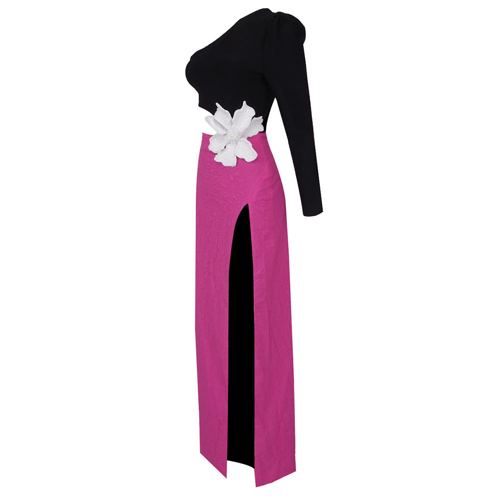 Long Sleeve Rose Red Color Matching Beaded Flower One-shoulder Dress Aclosy