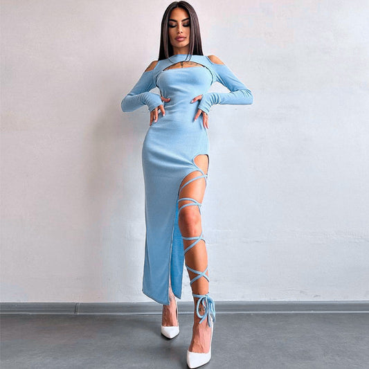 Women's Solid Color Long Sleeve Hollow-out Leggings Split Dress aclosy