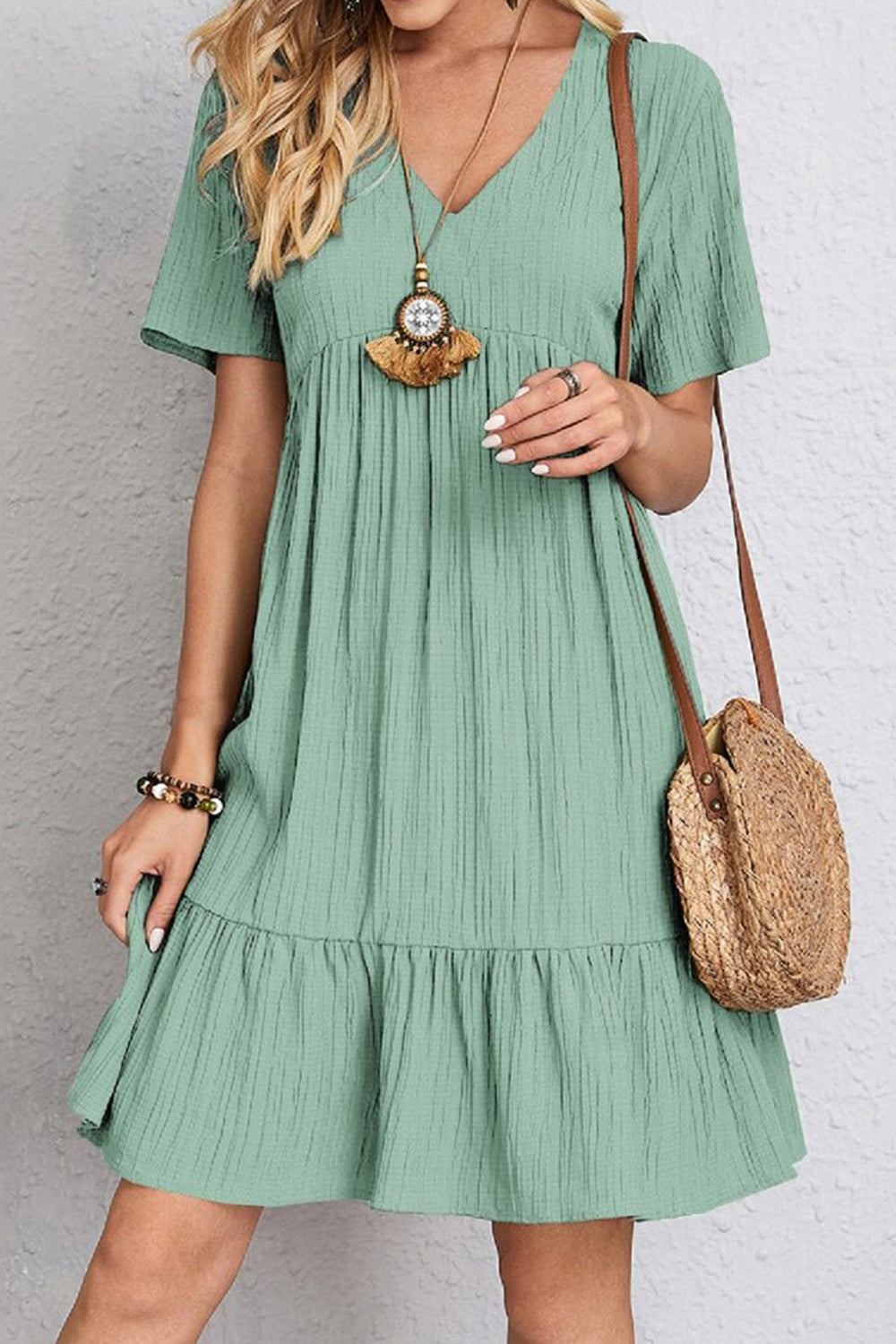 Full Size Ruched V-Neck Short Sleeve Dress Trendsi