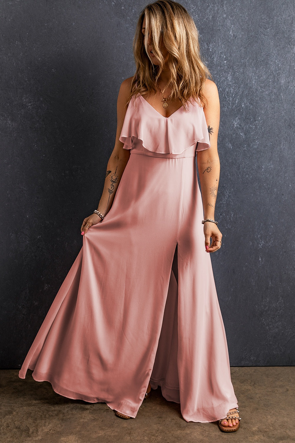 Slit Ruffled V-Neck Maxi Dress Trendsi