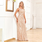 Women's Fashionable Sleeveless Round Neck Sparkling Evening Gown aclosy