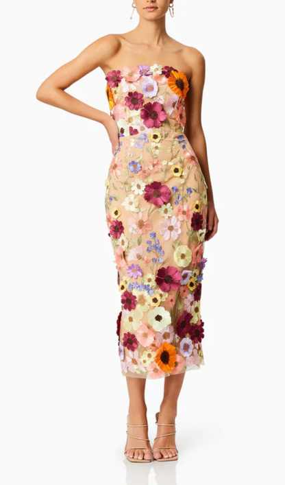 Chic strapless flower embroidered celeb dress