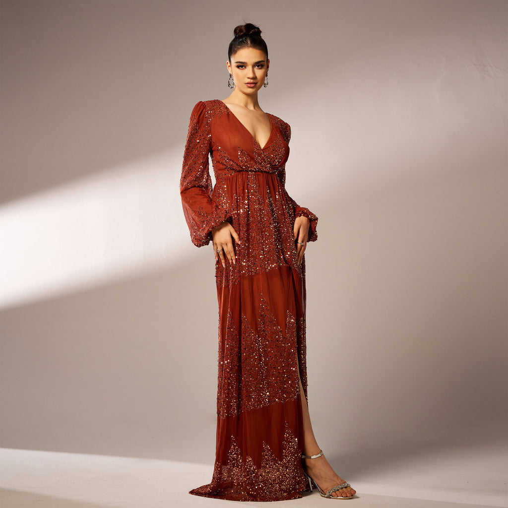 Rust sequin wrap maxi dress full length front
