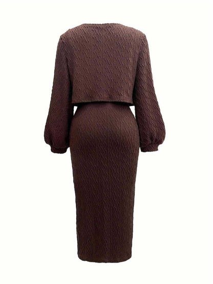 Open Front Long Sleeve Cardigan and Side Slit Cami Dress Set Trendsi