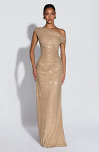 Celeste Shimmer Draped Off-Shoulder Maxi Gown