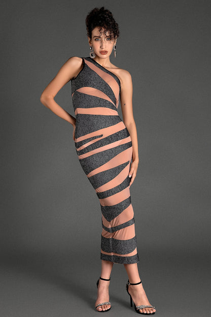 Elerla One Shoulder Mesh Striped Party Dress