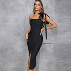 Sleeveless One-shoulder Tight Niche Split Bandage One-piece Dress aclosy