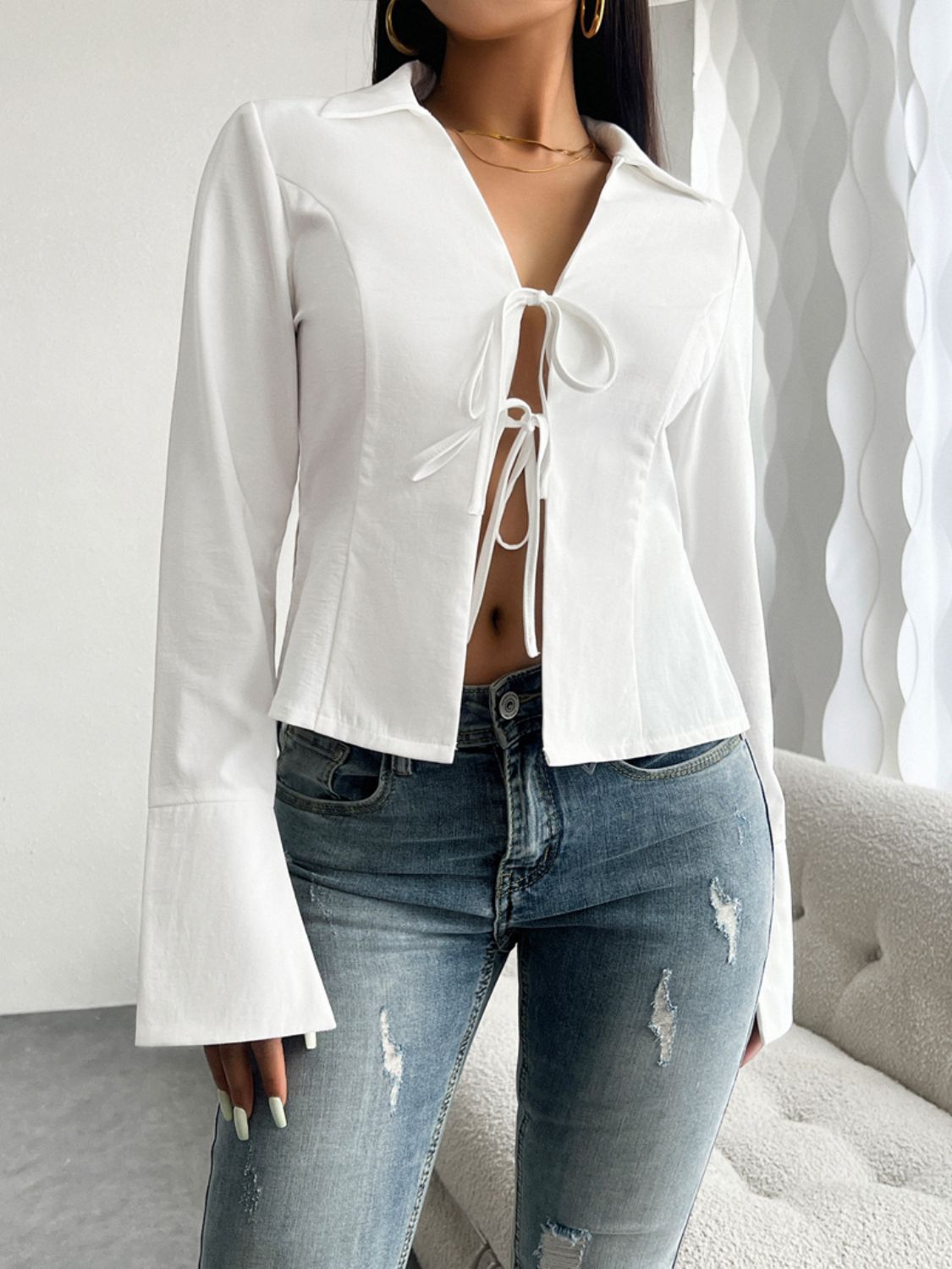 Devine Slit Tied Collared Neck Long Sleeve Blouse Trendsi