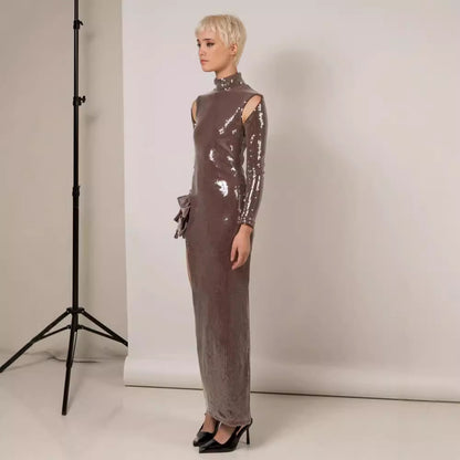 Slim-fit Sequined Turtleneck Long Dress aclosy