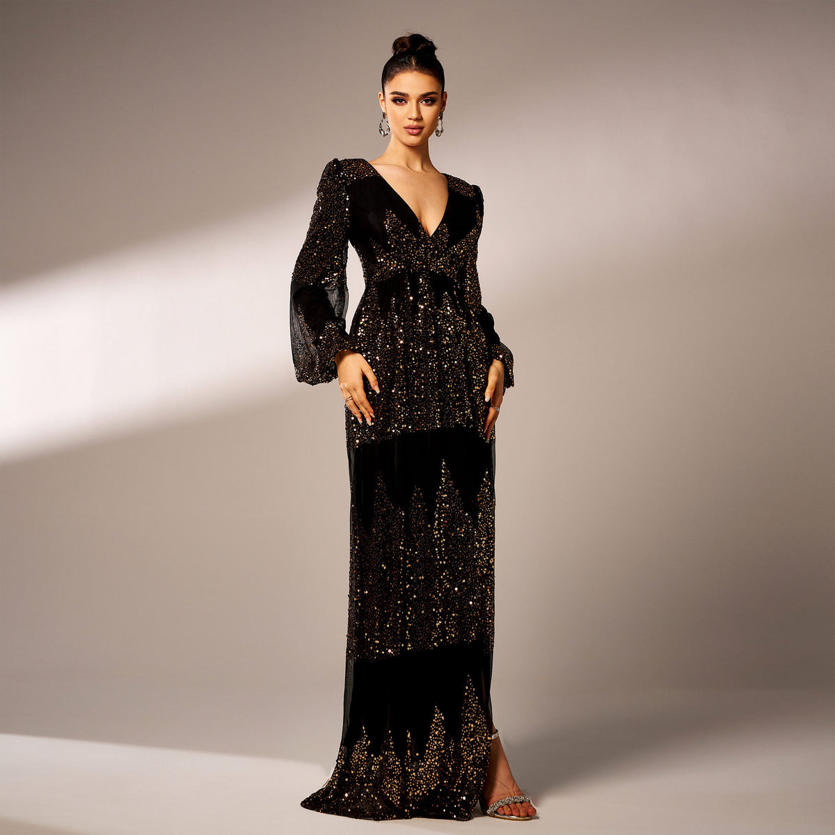 Black gold long-sleeve sequin wrap maxi dress front